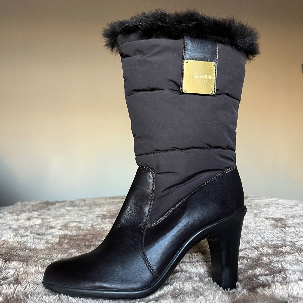 Calvin Klein Women 9M Brown/Black Puffer Fur Trim Heeled Boots Side Hidden Zip
